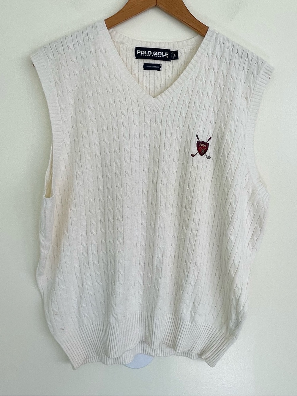 Polo Golf Ralph Lauren Ivory Cream Cable Knit Sweater Vest L Large 100% Cotton
